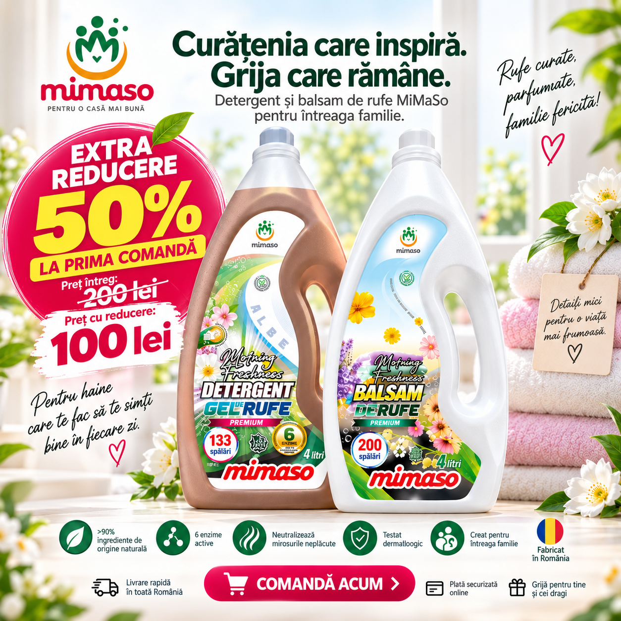 Promoție 2+1 GRATIS - 2 detergenți gel + 1 balsam de rufe